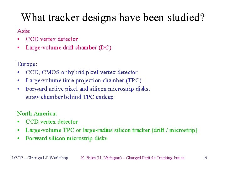 What tracker designs have been studied? Asia: • CCD vertex detector • Large-volume drift