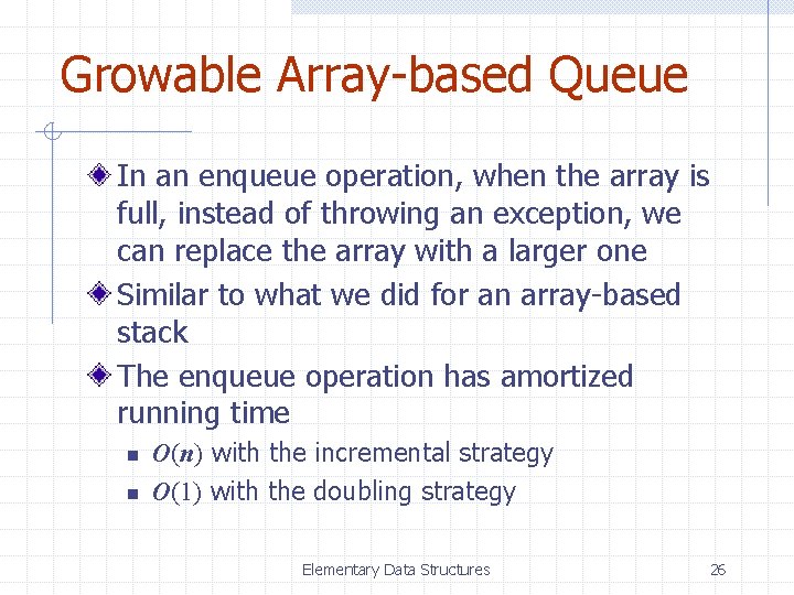 Growable Array-based Queue In an enqueue operation, when the array is full, instead of
