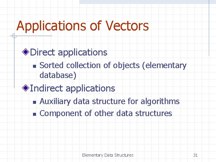 Applications of Vectors Direct applications n Sorted collection of objects (elementary database) Indirect applications