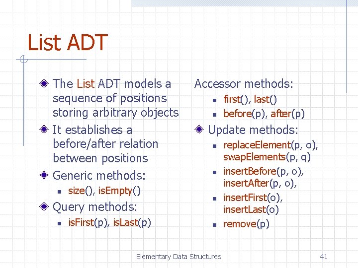 List ADT The List ADT models a sequence of positions storing arbitrary objects It