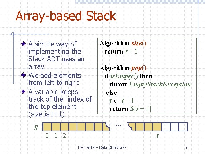 Array-based Stack A simple way of implementing the Stack ADT uses an array We