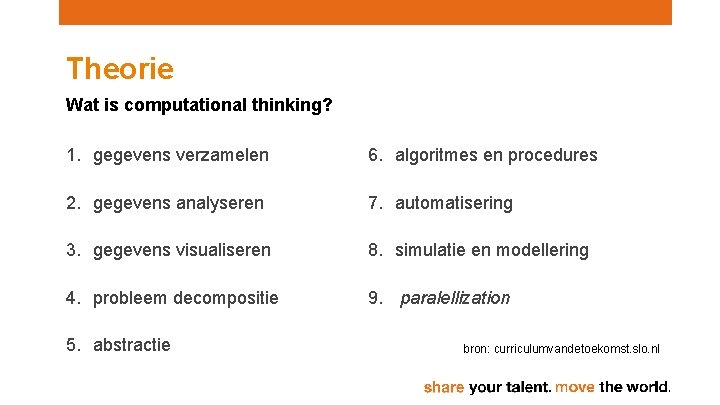 Theorie Wat is computational thinking? 1. gegevens verzamelen 6. algoritmes en procedures 2. gegevens Theorie Wat is computational thinking? 1. gegevens verzamelen 6. algoritmes en procedures 2. gegevens