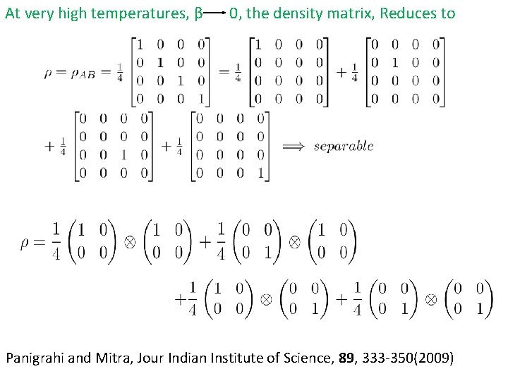 At very high temperatures, β 0, the density matrix, Reduces to Panigrahi and Mitra,