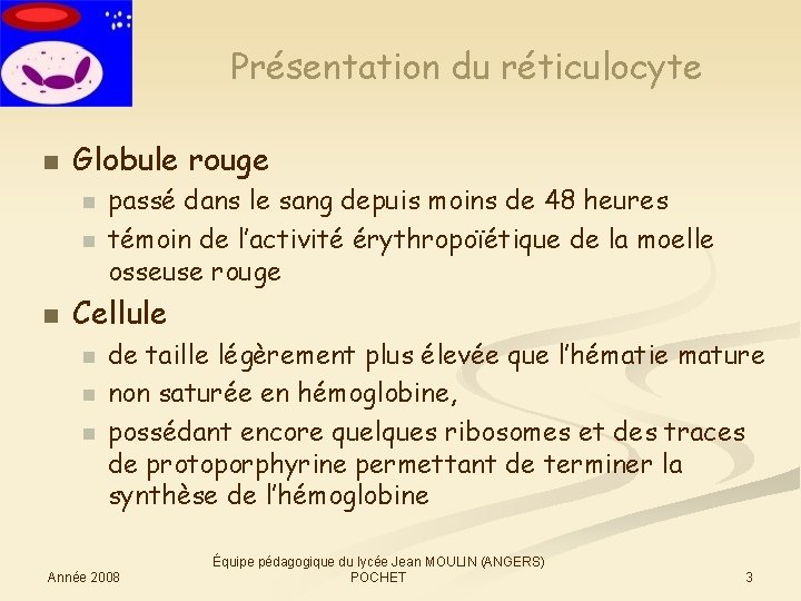 Présentation du réticulocyte n Globule rouge n n n passé dans le sang depuis