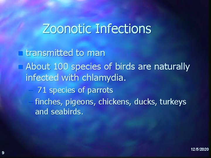 Zoonotic Infections transmitted to man n About 100 species of birds are naturally infected