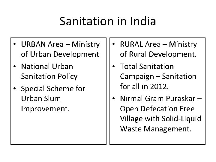 Sanitation in India • URBAN Area – Ministry of Urban Development • National Urban