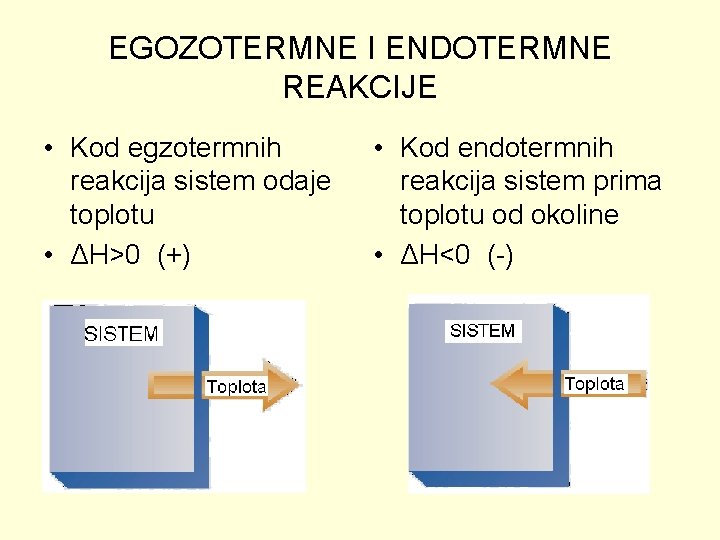 EGOZOTERMNE I ENDOTERMNE REAKCIJE • Kod egzotermnih reakcija sistem odaje toplotu • ΔH>0 (+)