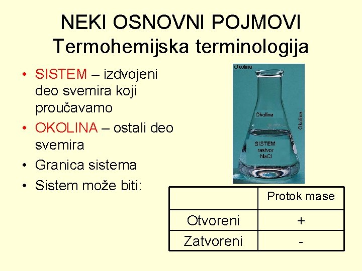 NEKI OSNOVNI POJMOVI Termohemijska terminologija • SISTEM – izdvojeni deo svemira koji proučavamo •
