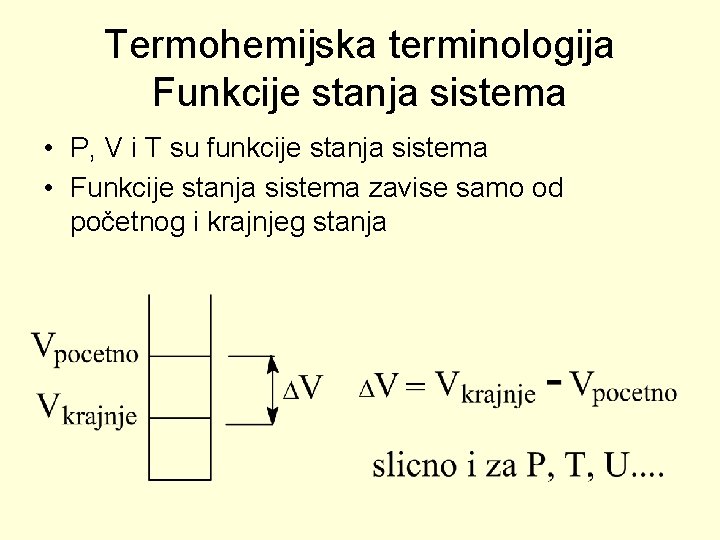 Termohemijska terminologija Funkcije stanja sistema • P, V i T su funkcije stanja sistema
