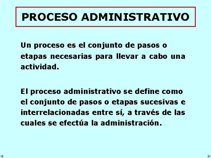 PROCESO ADMINISTRATIVO Un proceso es el conjunto de pasos o etapas necesarias para llevar