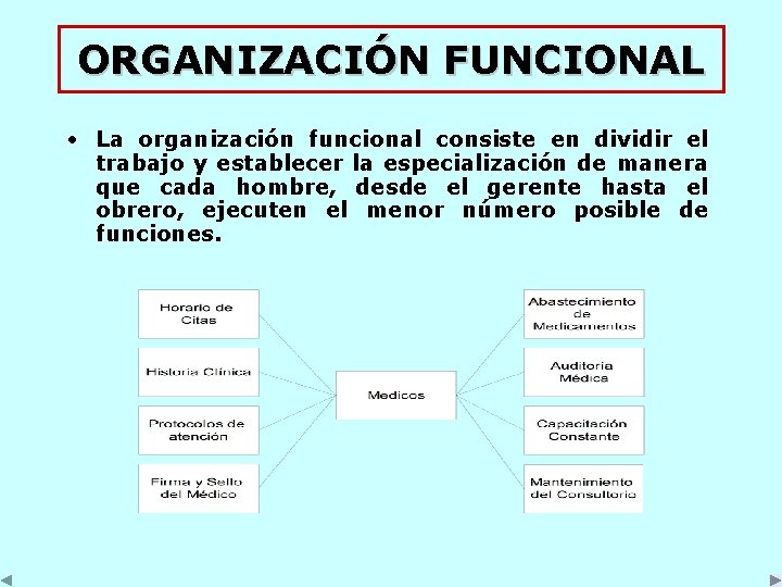 ORGANIZACIÓN FUNCIONAL • La organización funcional consiste en dividir el trabajo y establecer la