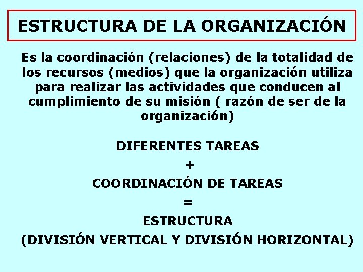 ESTRUCTURA DE LA ORGANIZACIÓN Es la coordinación (relaciones) de la totalidad de los recursos