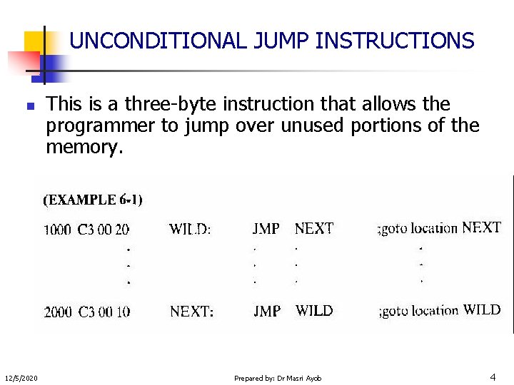 UNCONDITIONAL JUMP INSTRUCTIONS n 12/5/2020 This is a three-byte instruction that allows the programmer