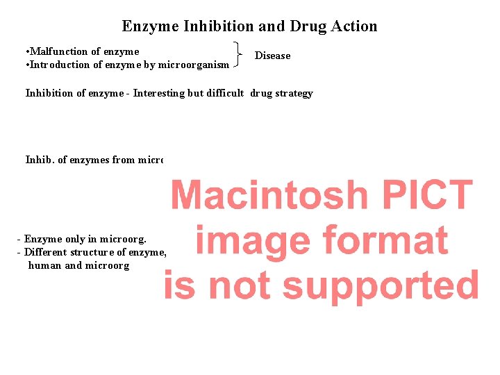 Enzyme Inhibition and Drug Action • Malfunction of enzyme • Introduction of enzyme by