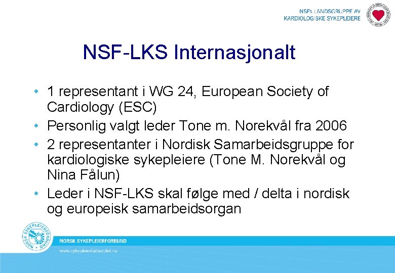 NSF-LKS Internasjonalt • 1 representant i WG 24, European Society of Cardiology (ESC) •