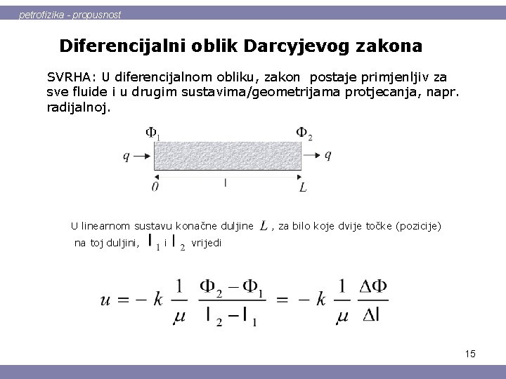 petrofizika - propusnost Diferencijalni oblik Darcyjevog zakona SVRHA: U diferencijalnom obliku, zakon postaje primjenljiv