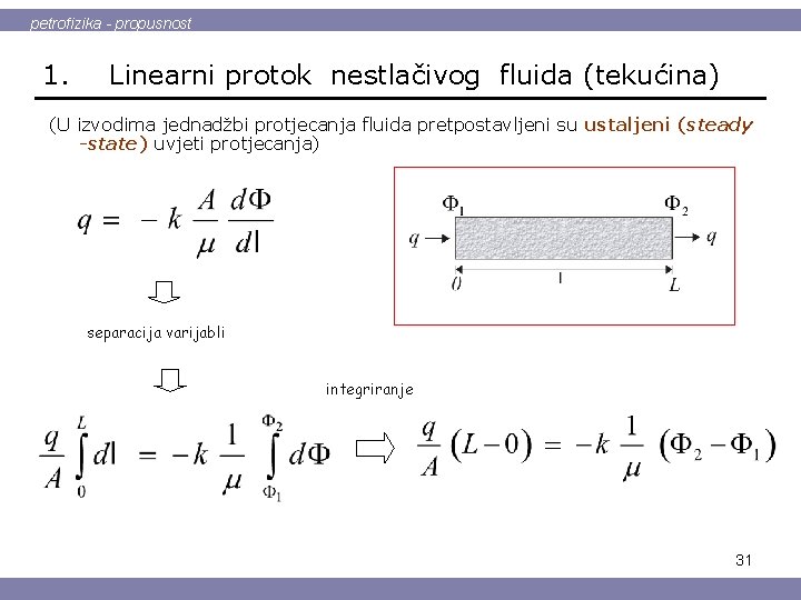 petrofizika - propusnost 1. Linearni protok nestlačivog fluida (tekućina) (U izvodima jednadžbi protjecanja fluida