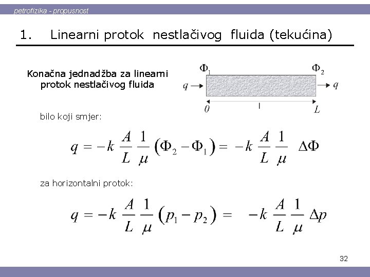 petrofizika - propusnost 1. Linearni protok nestlačivog fluida (tekućina) Konačna jednadžba za linearni protok