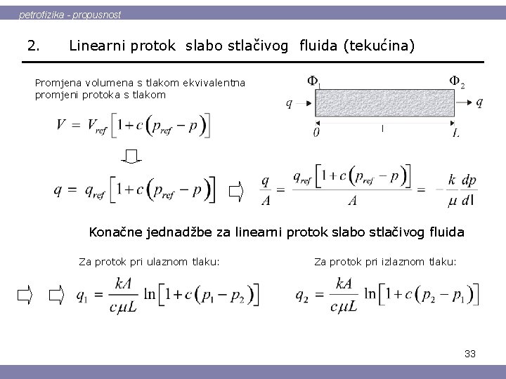 petrofizika - propusnost 2. Linearni protok slabo stlačivog fluida (tekućina) Promjena volumena s tlakom