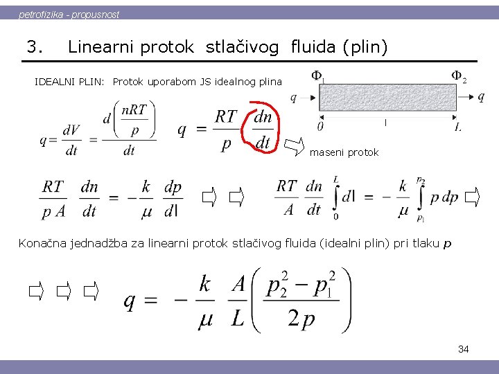 petrofizika - propusnost 3. Linearni protok stlačivog fluida (plin) IDEALNI PLIN: Protok uporabom JS