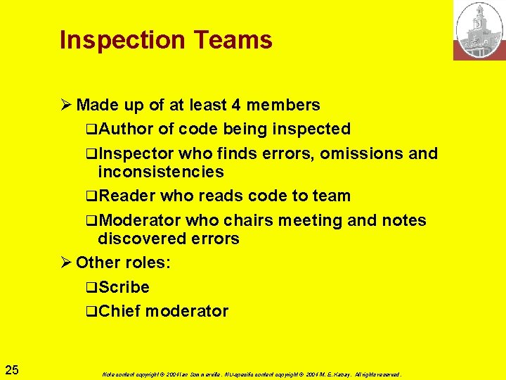 Inspection Teams Ø Made up of at least 4 members q. Author of code Inspection Teams Ø Made up of at least 4 members q. Author of code