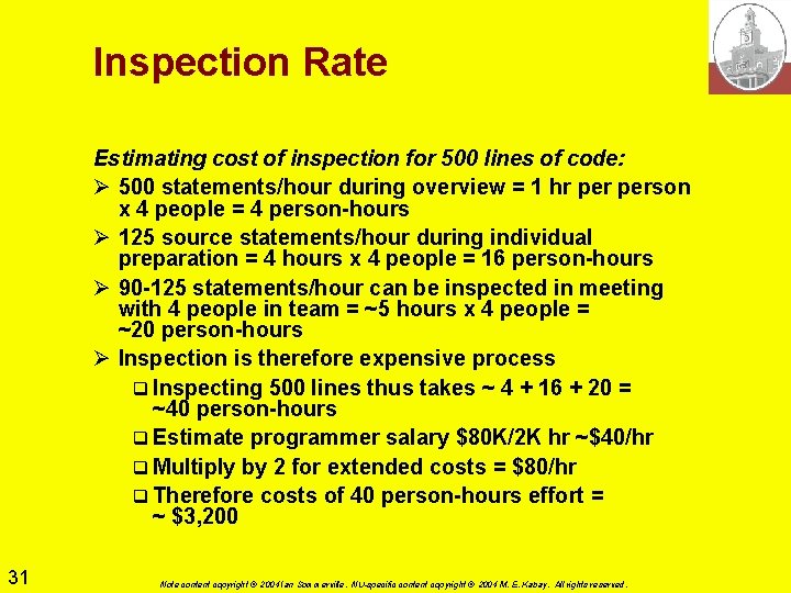 Inspection Rate Estimating cost of inspection for 500 lines of code: Ø 500 statements/hour Inspection Rate Estimating cost of inspection for 500 lines of code: Ø 500 statements/hour