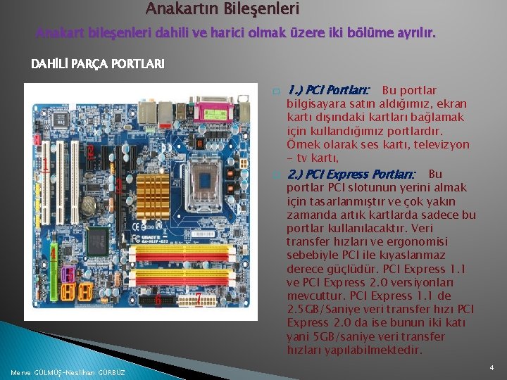 Anakartın Bileşenleri Anakart bileşenleri dahili ve harici olmak üzere iki bölüme ayrılır. DAHİLİ PARÇA