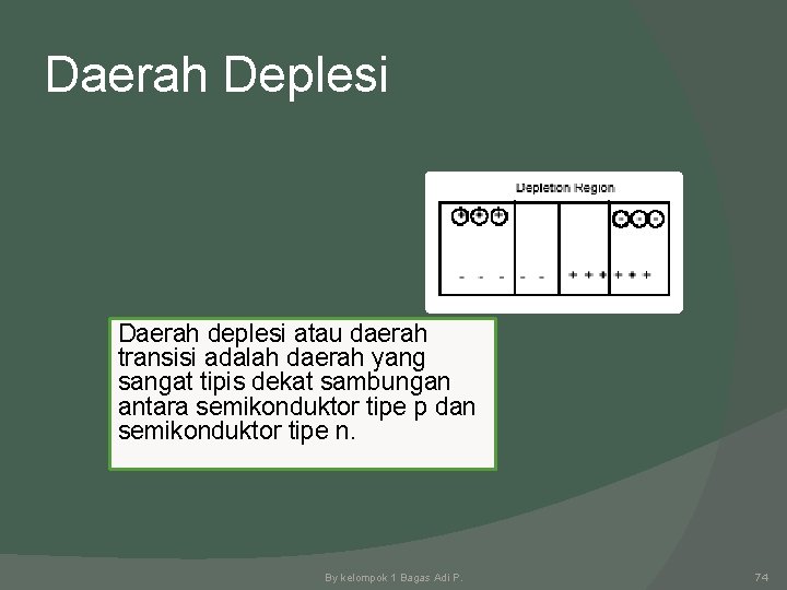 Daerah Deplesi Daerah deplesi atau daerah transisi adalah daerah yang sangat tipis dekat sambungan