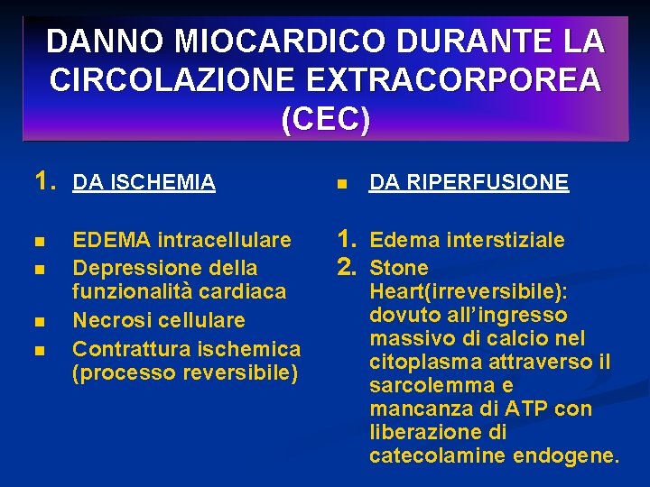 DANNO MIOCARDICO DURANTE LA CIRCOLAZIONE EXTRACORPOREA (CEC) 1. DA ISCHEMIA n n EDEMA intracellulare