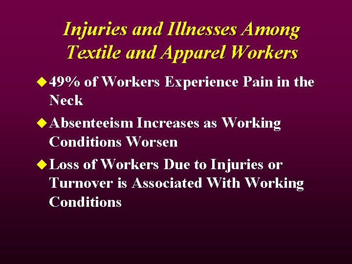 Injuries and Illnesses Among Textile and Apparel Workers u 49% of Workers Experience Pain Injuries and Illnesses Among Textile and Apparel Workers u 49% of Workers Experience Pain
