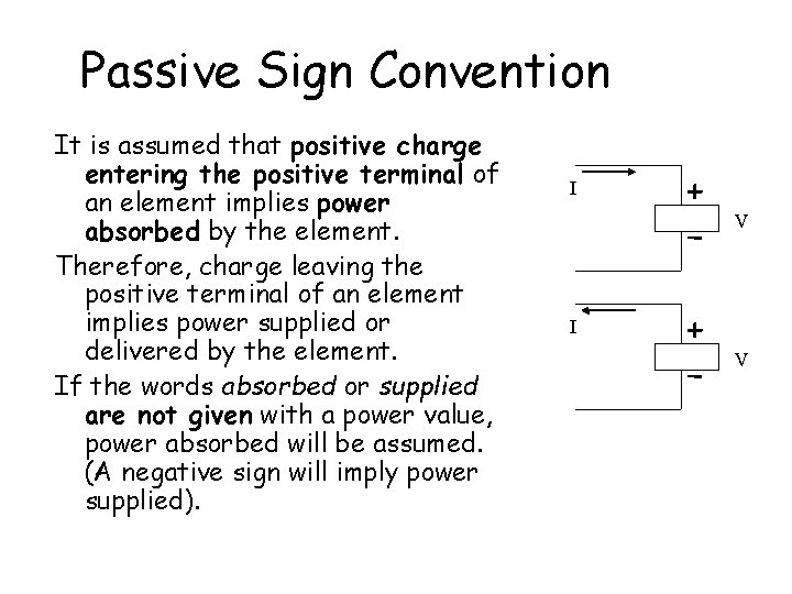 Passive Sign Convention It is assumed that positive charge entering the positive terminal of