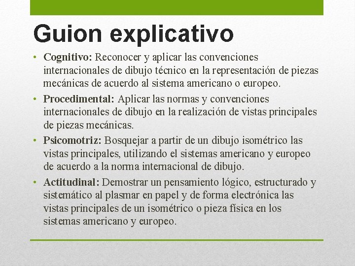 Guion explicativo • Cognitivo: Reconocer y aplicar las convenciones internacionales de dibujo técnico en Guion explicativo • Cognitivo: Reconocer y aplicar las convenciones internacionales de dibujo técnico en