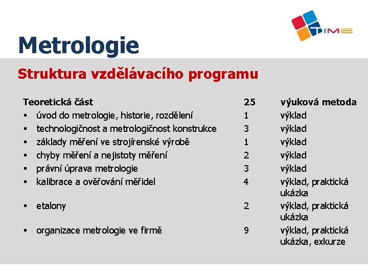 Název prezentace Metrologie Struktura vzdělávacího programu Teoretická část § úvod do metrologie, historie, rozdělení