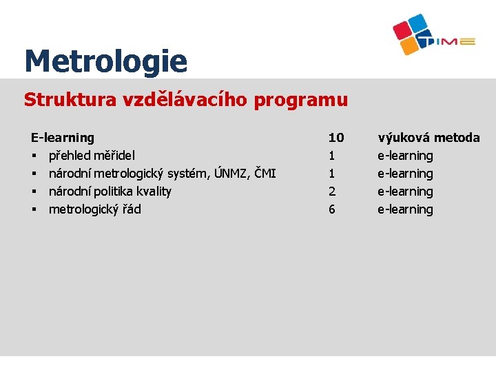 Název prezentace Metrologie Struktura vzdělávacího programu E-learning § přehled měřidel § národní metrologický systém,