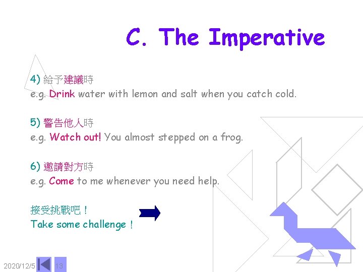 C. The Imperative 4) 給予建議時 e. g. Drink water with lemon and salt when