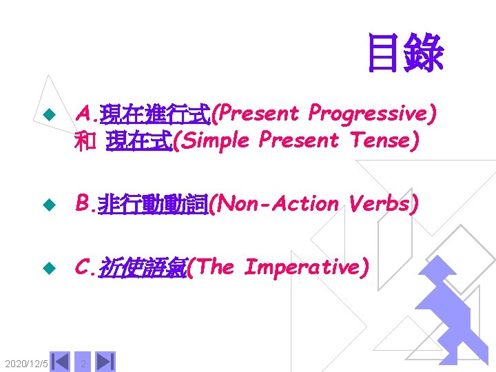 目錄 u A. 現在進行式(Present Progressive) 和 現在式(Simple Present Tense) u B. 非行動動詞(Non-Action Verbs) u