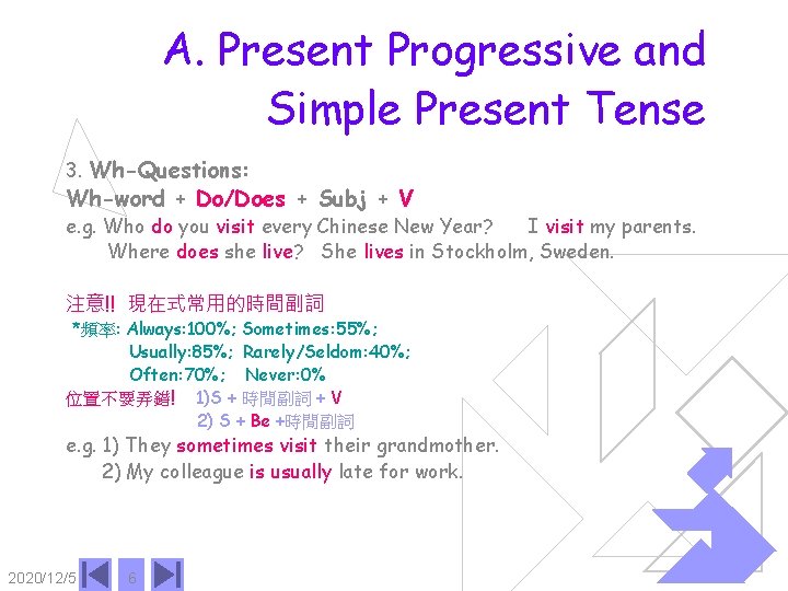 A. Present Progressive and Simple Present Tense 3. Wh-Questions: Wh-word + Do/Does + Subj