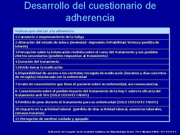 Desarrollo del cuestionario de adherencia Motivos que afectan a la adherencia 1. Cansancio o