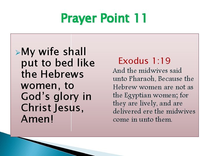 Prayer Point 11 ØMy wife shall put to bed like the Hebrews women, to