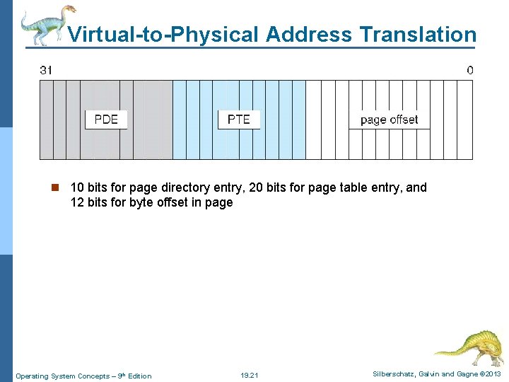 Virtual-to-Physical Address Translation n 10 bits for page directory entry, 20 bits for page
