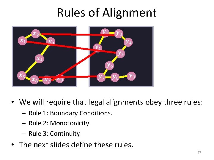 Rules of Alignment • We will require that legal alignments obey three rules: –