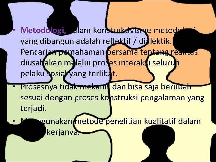  • Metodologi, dalam konstruktivisme metodologi yang dibangun adalah reflektif / dialektik. Pencarian pemahaman