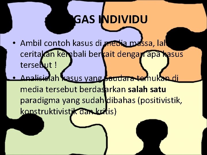 TUGAS INDIVIDU • Ambil contoh kasus di media massa, lalu ceritakan kembali berkait dengan