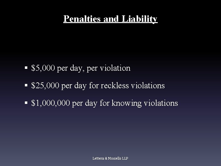 Penalties and Liability § $5, 000 per day, per violation § $25, 000 per Penalties and Liability § $5, 000 per day, per violation § $25, 000 per