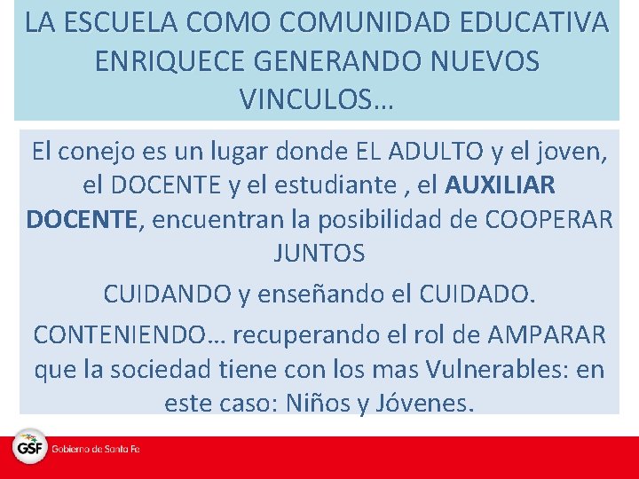 LA ESCUELA COMO COMUNIDAD EDUCATIVA ENRIQUECE GENERANDO NUEVOS VINCULOS… El conejo es un lugar