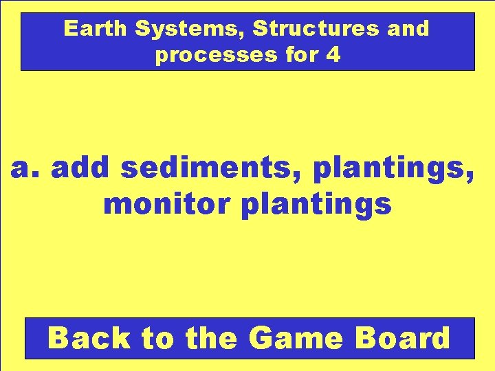 Earth Systems, Structures and processes for 4 a. add sediments, plantings, monitor plantings Back