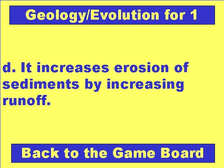 Geology/Evolution for 1 d. It increases erosion of sediments by increasing runoff. Back to