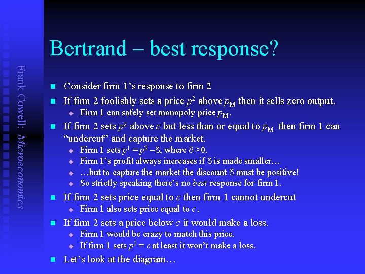 Bertrand – best response? Frank Cowell: Microeconomics n n Consider firm 1’s response to