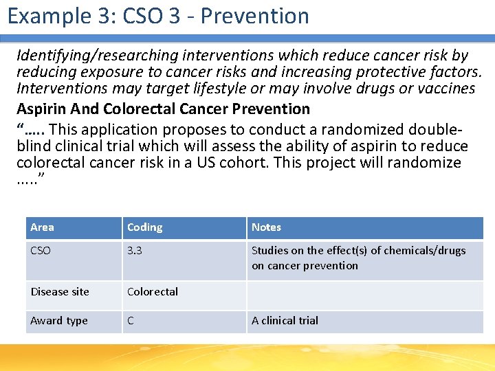 Example 3: CSO 3 - Prevention Identifying/researching interventions which reduce cancer risk by reducing