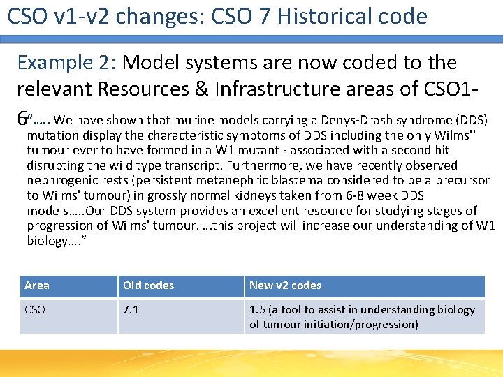 CSO v 1 -v 2 changes: CSO 7 Historical code Example 2: Model systems